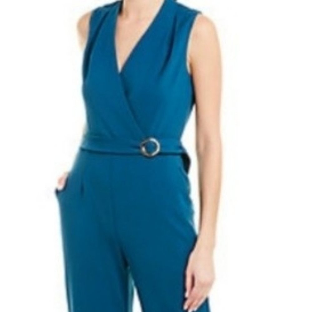 TAHARI Arthur Levine Teal Belted Jumpsuit